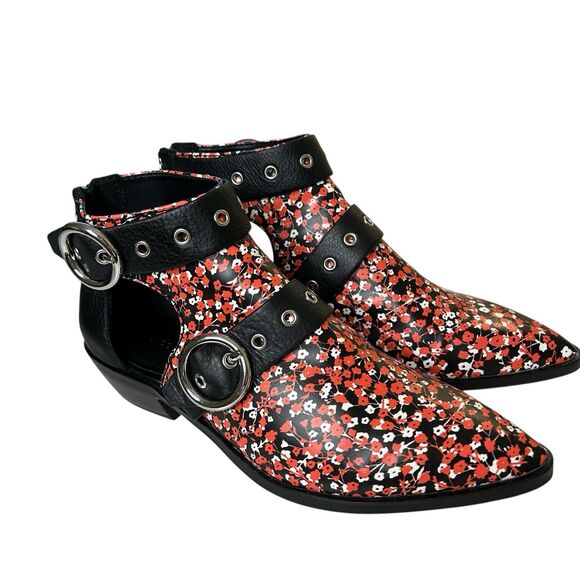 Rebecca Minkoff Ankle Boots Kianna Cutout Bootie 6.5M Red Black Floral Back Zip - Picture 16 of 16